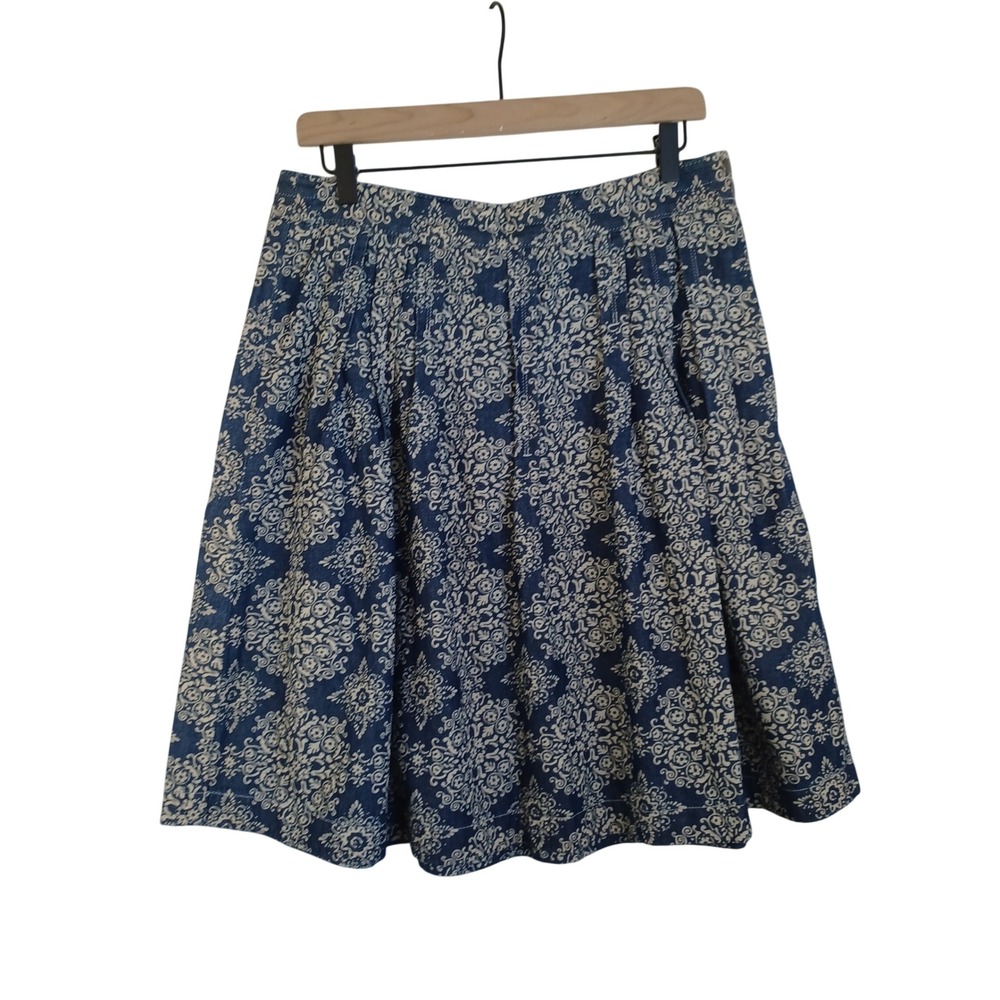 Ann‎ Taylor LOFT Blue White Medallion Pleated A-Line Cotton Skirt Womens Size 6